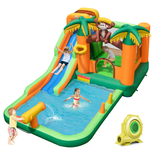 Tobogán Acuático Hinchable Temático de Monos con Zona de Salto y Piscina con Soplador de 680W