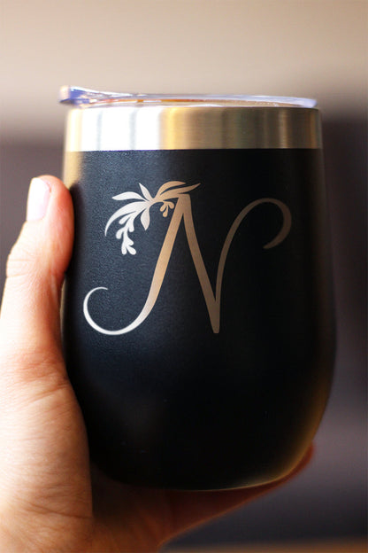 Monogram Floral Initial Letter N - Wine Tumbler - Tampa Home & Garden Store