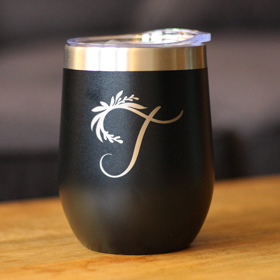 Monogram Floral Initial Letter T - Wine Tumbler - Tampa Home & Garden Store