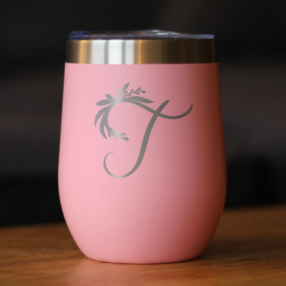 Monogram Floral Initial Letter T - Wine Tumbler - Tampa Home & Garden Store