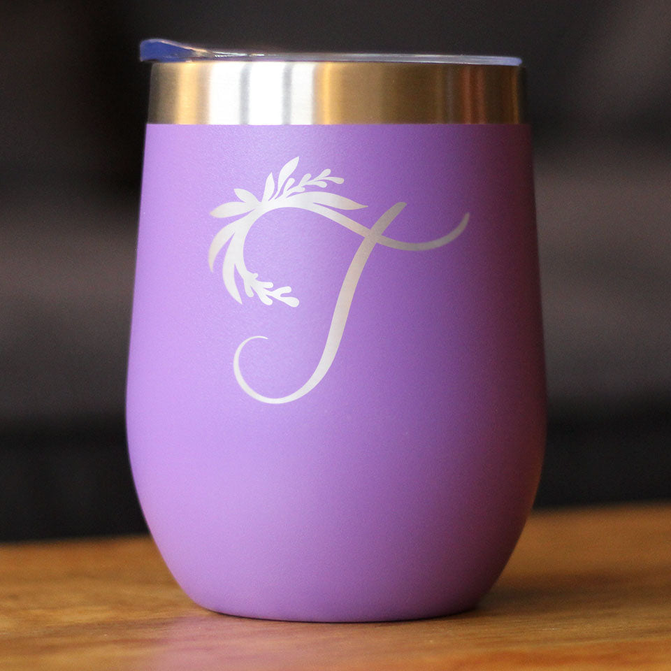 Monogram Floral Initial Letter T - Wine Tumbler - Tampa Home & Garden Store