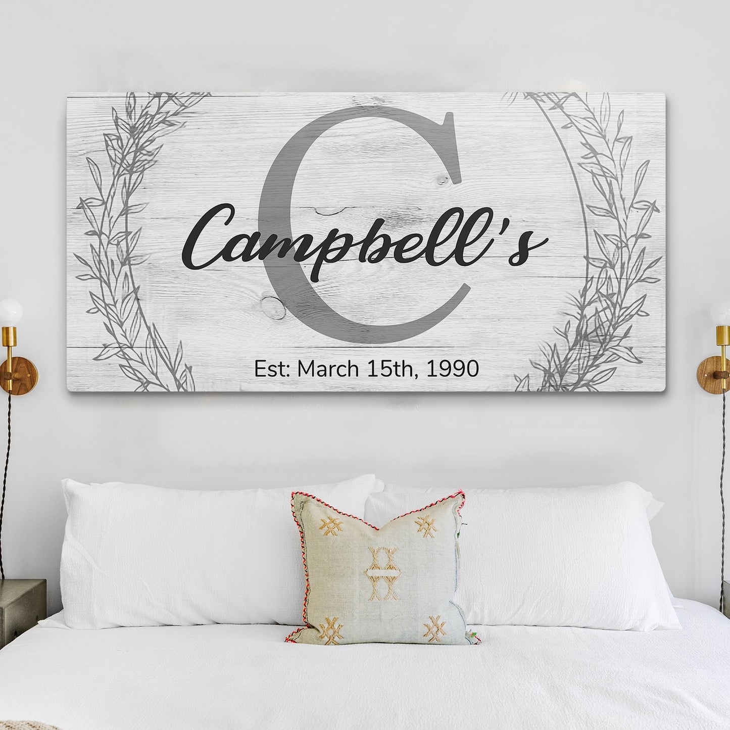 Family Name Sign Monogram canvas by Tailored Canvases with gray C and laurel frame Est 1990 on Tampa Home & Garden Store