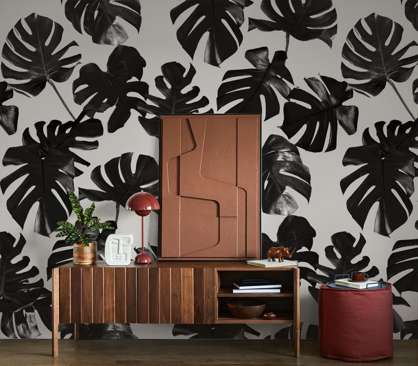 Monstera Leaf Wallpaper, black & off-white - Tampa Home & Garden Store