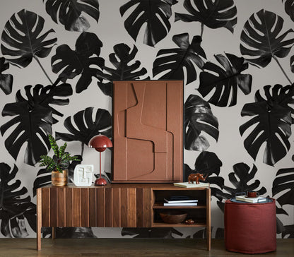 Monstera Leaf Wallpaper, black & off-white - Tampa Home & Garden Store
