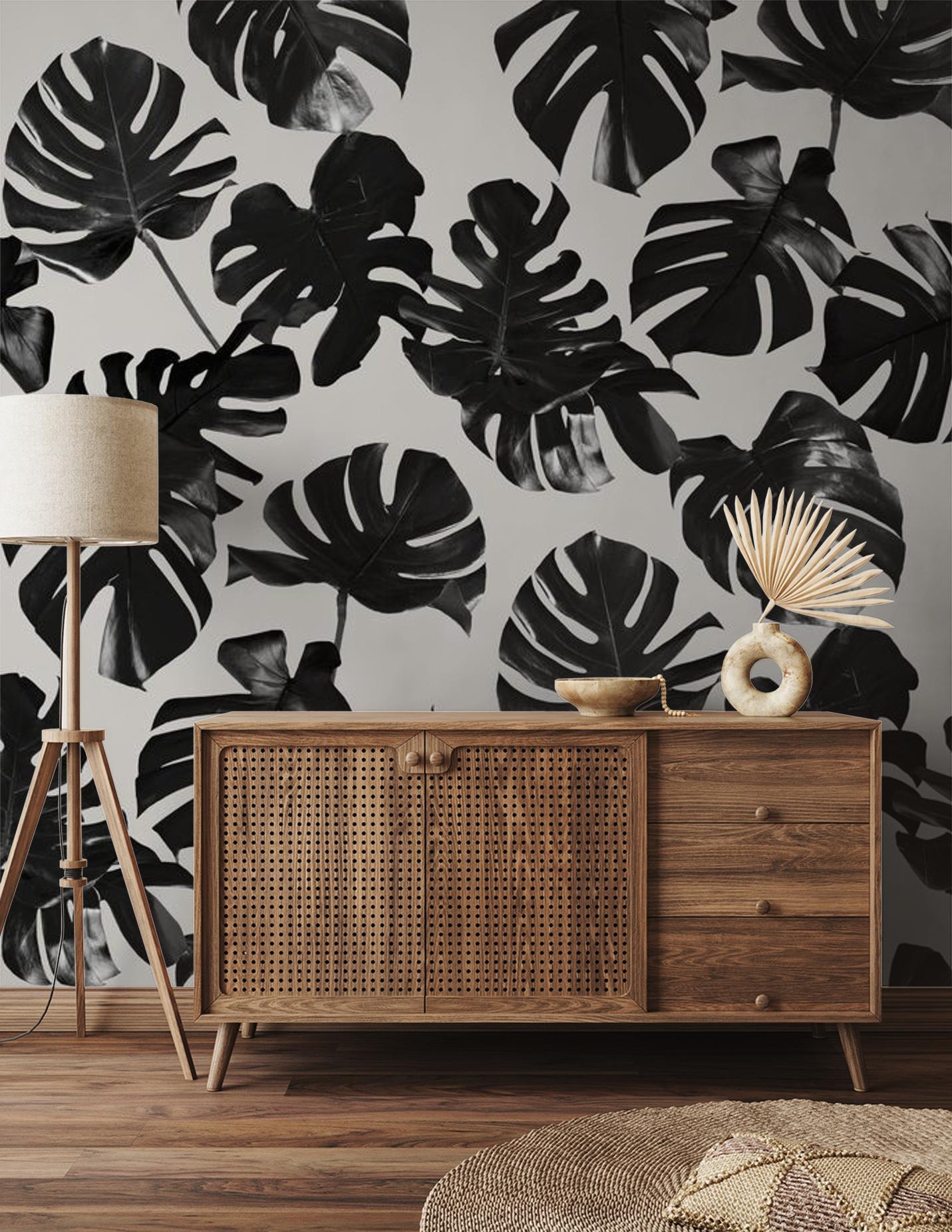 Monstera Leaf Wallpaper, black & off-white - Tampa Home & Garden Store