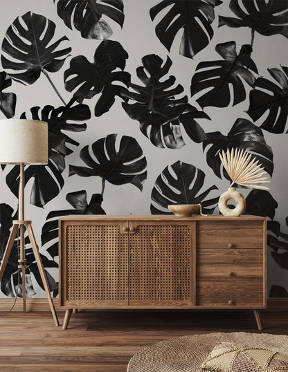Monstera Leaf Wallpaper, black & off-white - Tampa Home & Garden Store