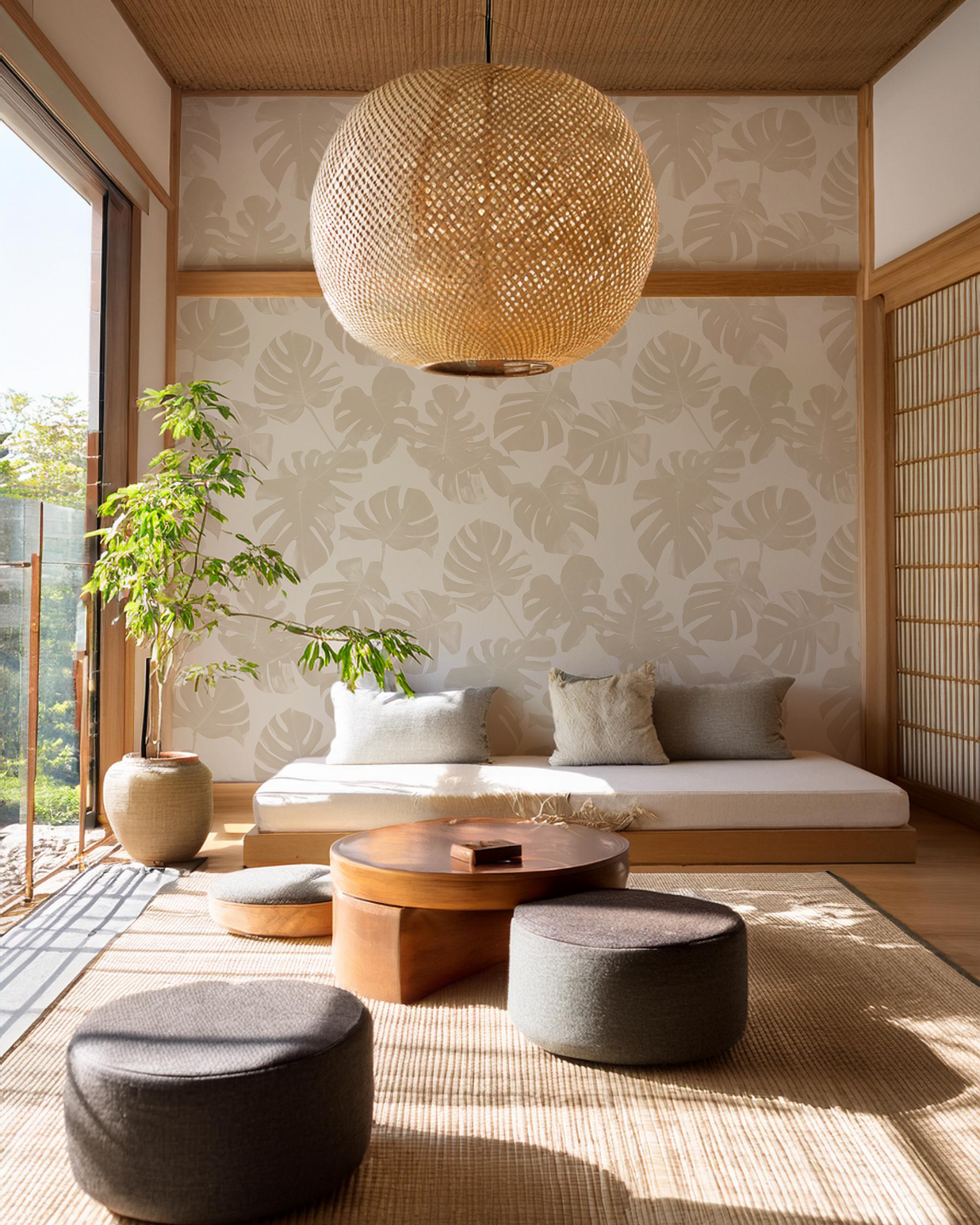 Monstera Leaf Wallpaper, neutral - Tampa Home & Garden Store