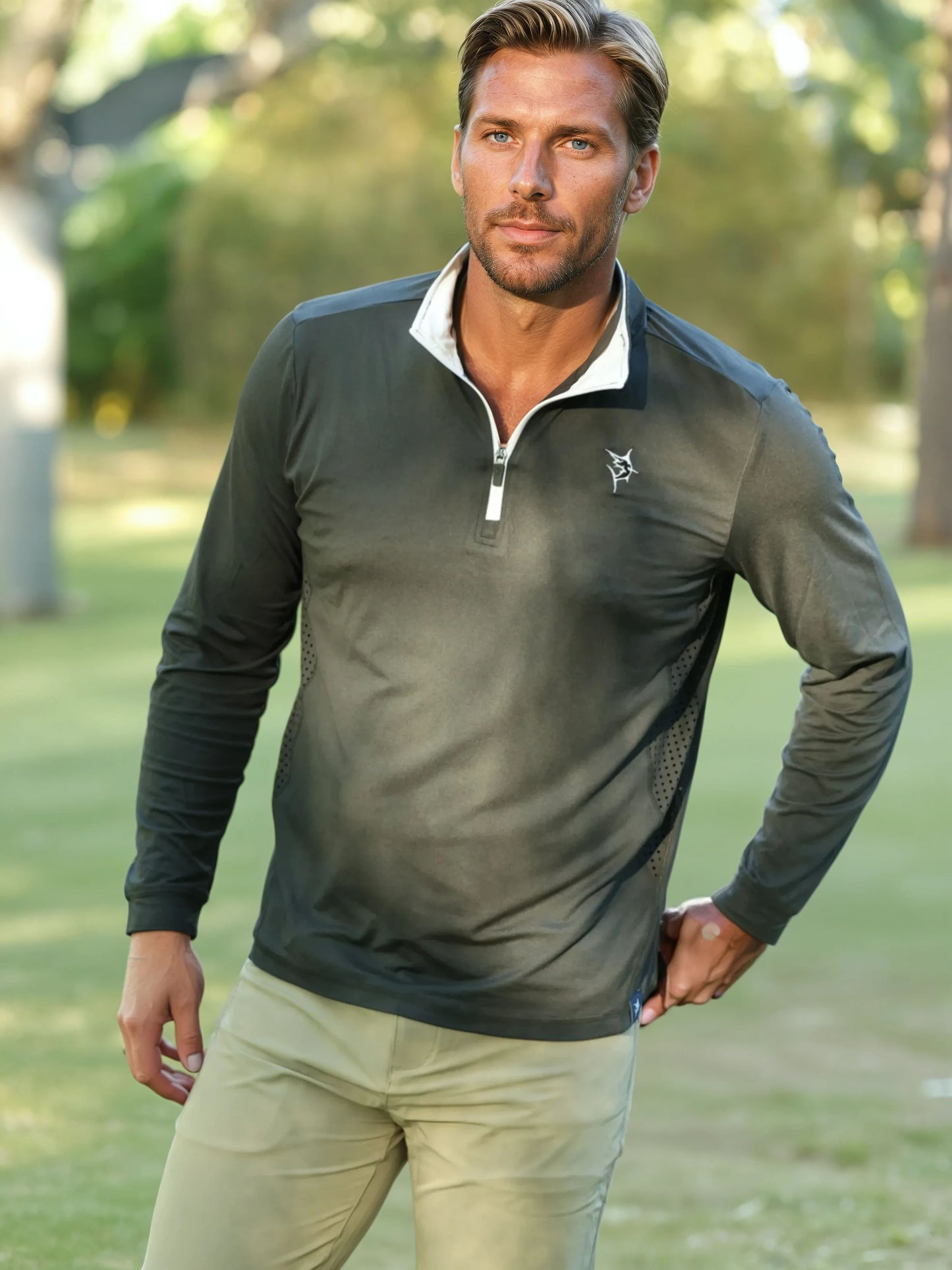 Monterey Performance Quarter Zip long sleeve top charcoal with White Water Life logo on Tampa Home & Garden Store
