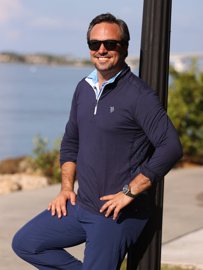 Monterey Performance Quarter Zip long sleeve pullover in navy with White Water Life logo on Tampa Home & Garden Store