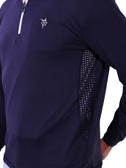 Monterey Quarter Zip navy top with white zipper, White Water Life logo, mesh side panel on Tampa Home & Garden Store