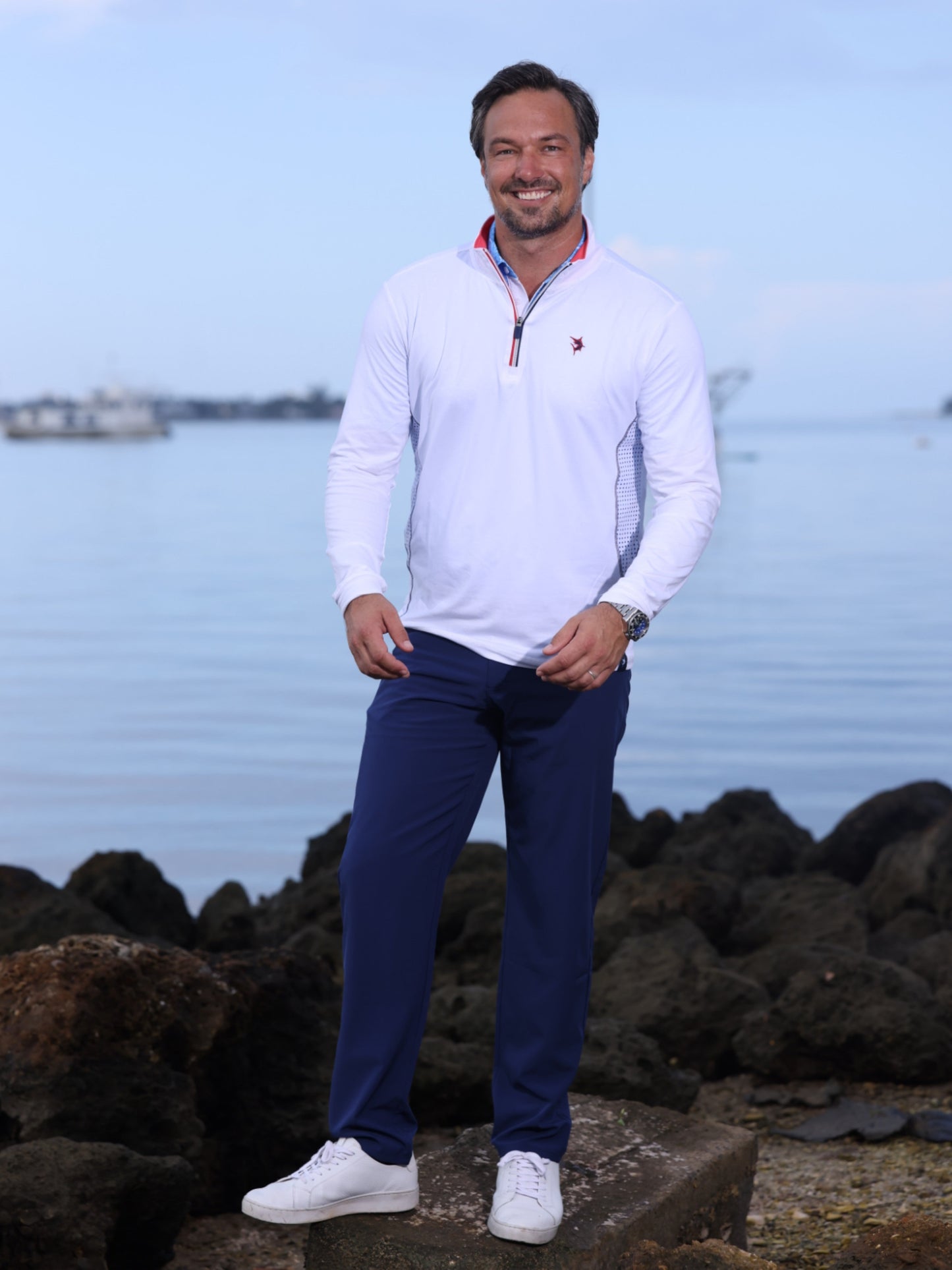Monterey Performance Quarter Zip long sleeve top in white with red collar trim by White Water Life on Tampa Home & Garden Store