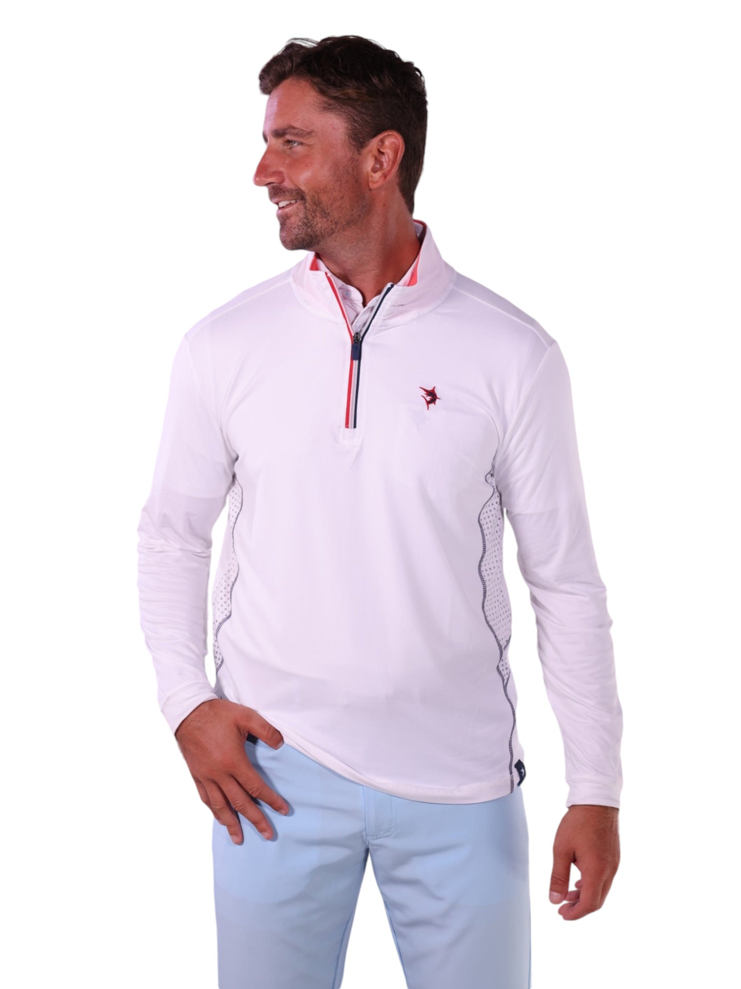 Monterey Performance Quarter Zip white longsleeve top with red zip trim by White Water Life on Tampa Home & Garden Store