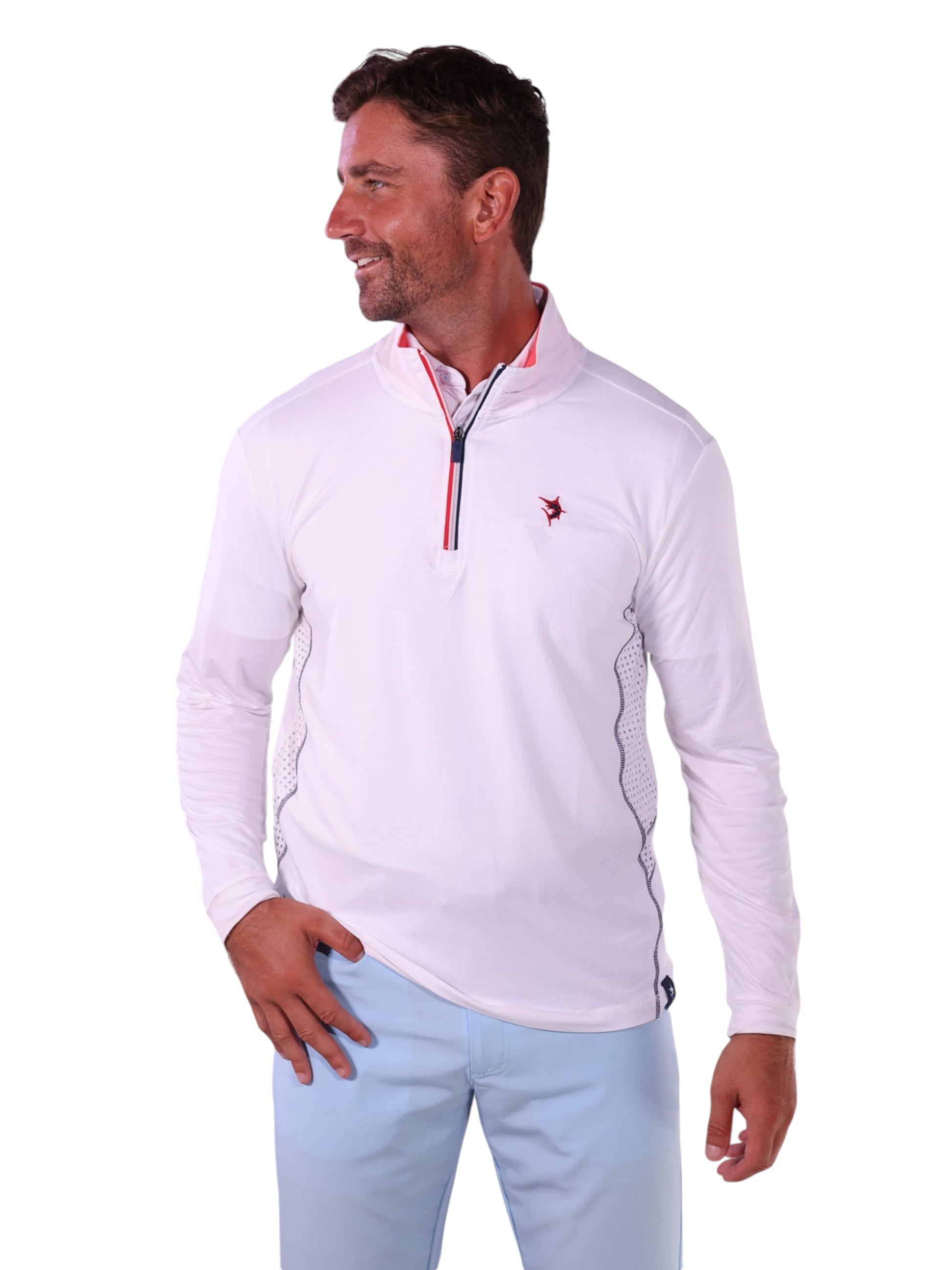 Monterey Performance Quarter Zip white longsleeve top with red zip trim by White Water Life on Tampa Home & Garden Store