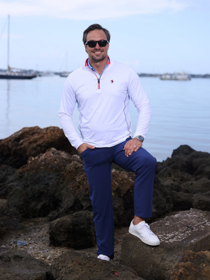 Monterey Performance Quarter Zip white long sleeve top with red collar by White Water Life on Tampa Home & Garden Store
