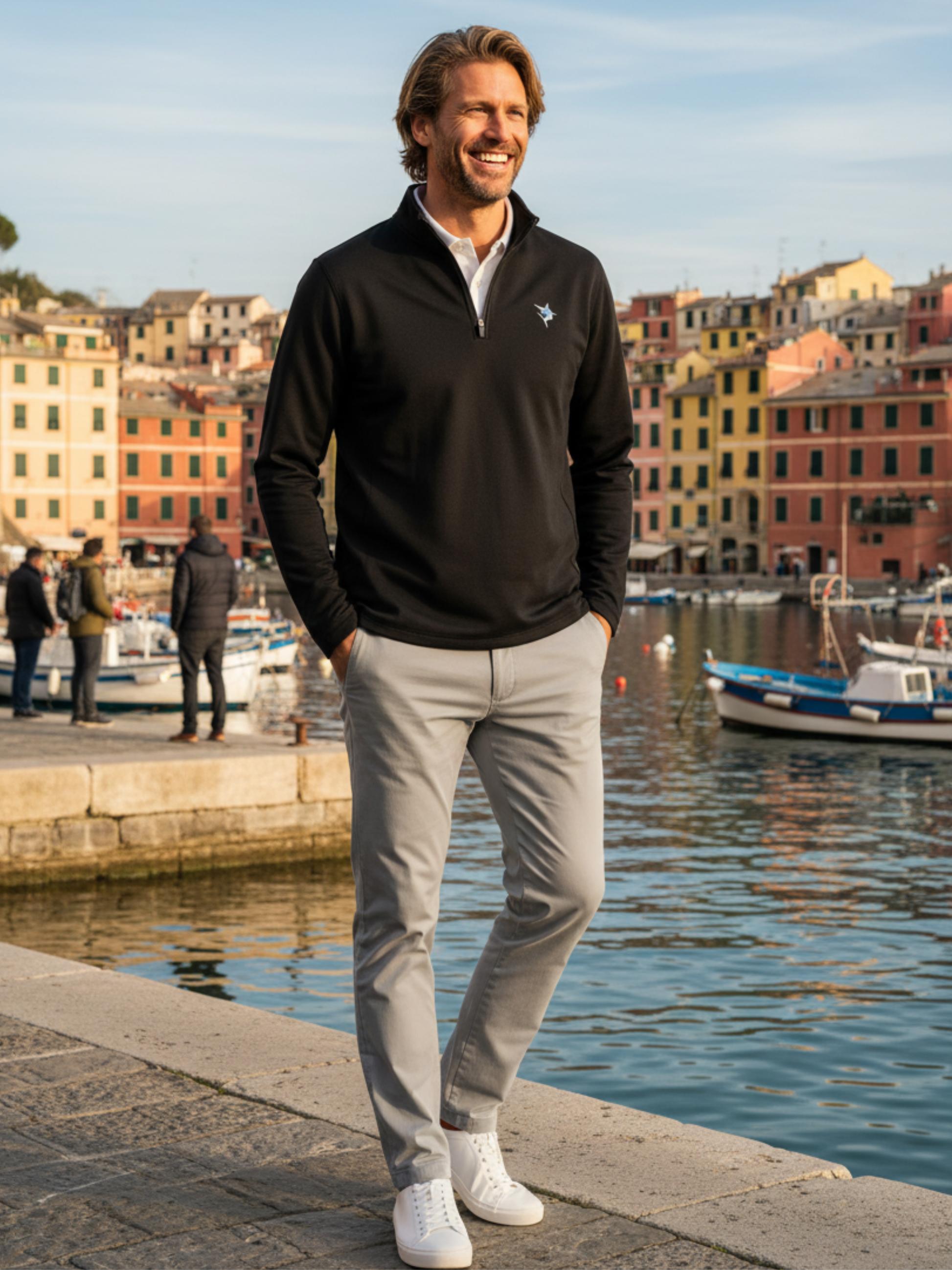 Montauk Quarter Zip Midweight Comfort by White Water Life, black pullover with star logo on Tampa Home & Garden Store