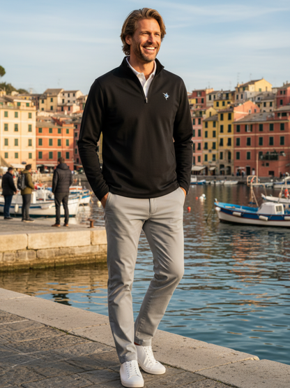 Montauk Quarter Zip Midweight Comfort by White Water Life, black pullover with star logo on Tampa Home & Garden Store