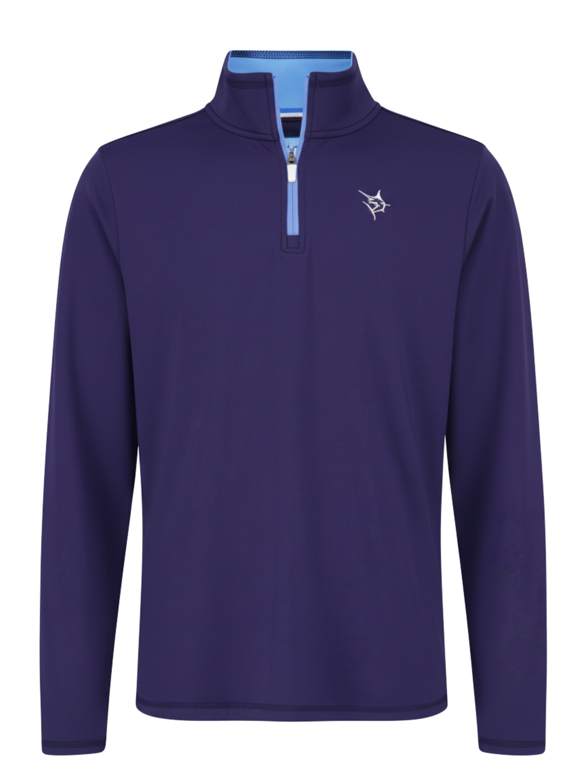 Montauk Quarter Zip Midweight Comfort purple pullover with light blue zipper and chest logo on Tampa Home & Garden Store