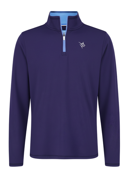 Montauk Quarter Zip Midweight Comfort purple pullover with light blue zipper and chest logo on Tampa Home & Garden Store