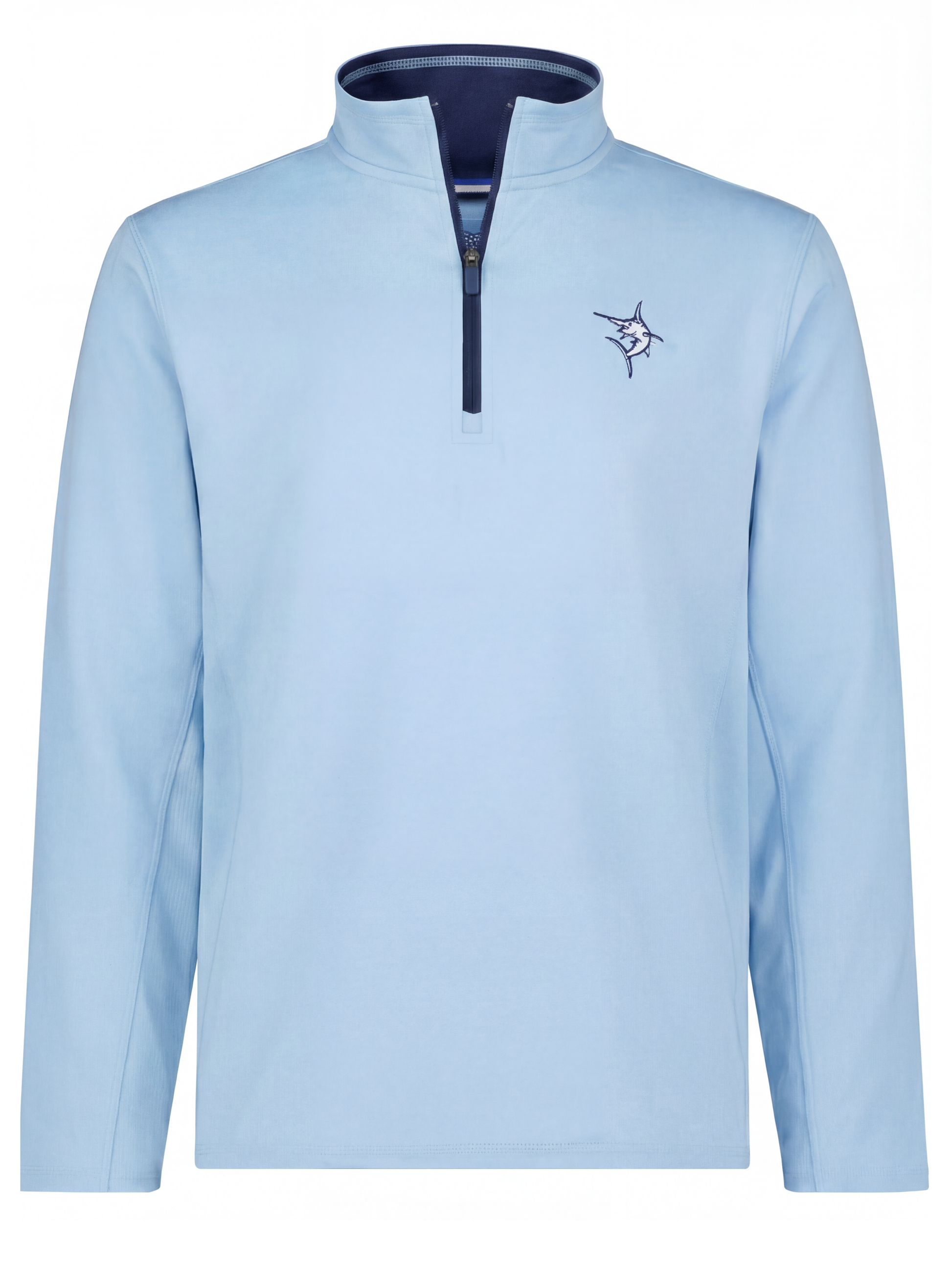 Montauk Quarter Zip light blue with navy zipper and marlin logo by White Water Life on Tampa Home & Garden Store