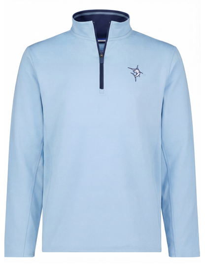 Montauk Quarter Zip light blue with navy zipper and marlin logo by White Water Life on Tampa Home & Garden Store