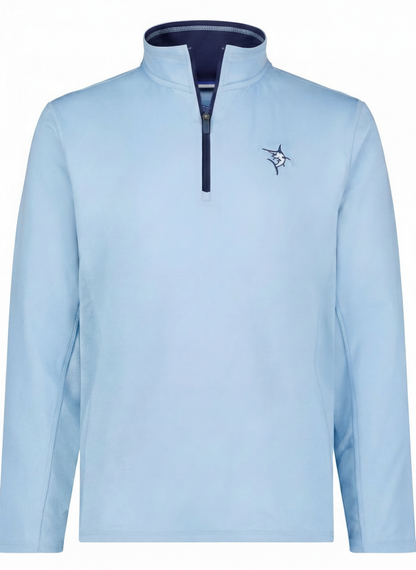Montauk Quarter Zip Midweight Comfort White Water Life in light blue with navy zipper logo on Tampa Home & Garden Store