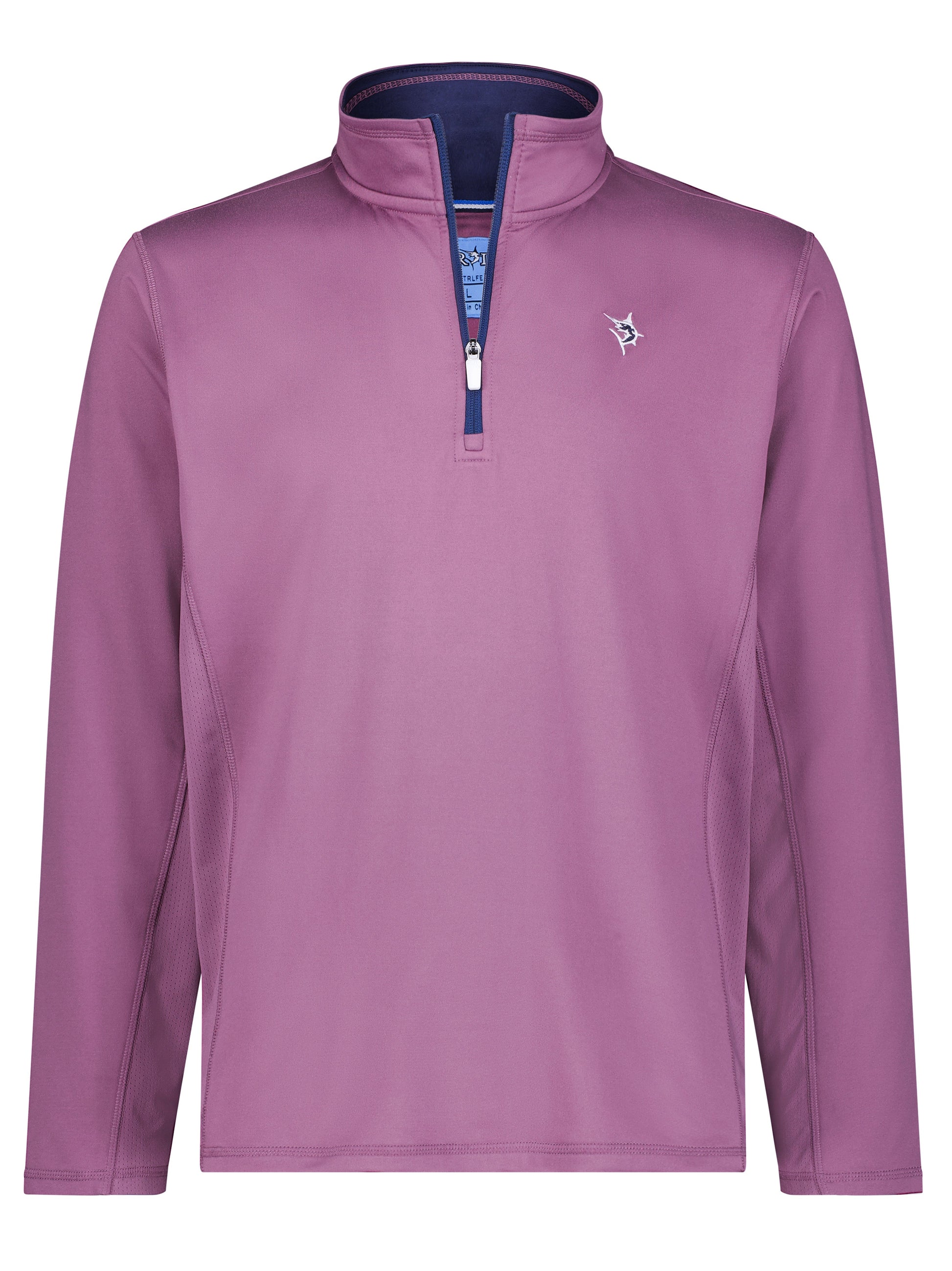 Montauk Quarter Zip Midweight Comfort by White Water Life in mauve with navy zipper and logo on Tampa Home & Garden Store