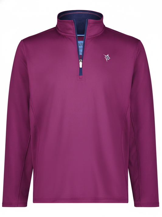Montauk Quarter Zip Midweight Comfort top in magenta with navy zipper and White Water Life logo on Tampa Home & Garden Store