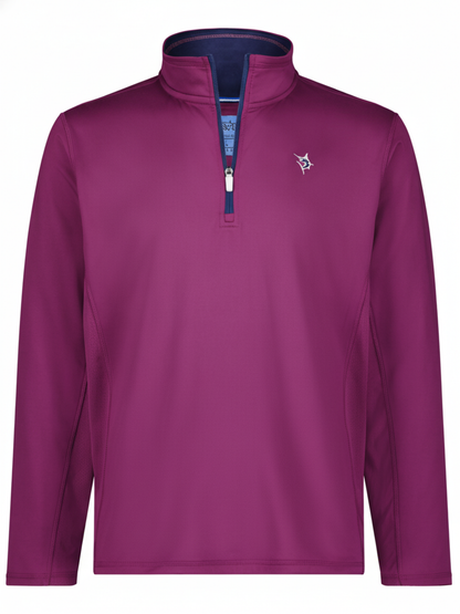 Montauk Quarter Zip Midweight Comfort magenta with navy zipper and White Water Life logo on Tampa Home & Garden Store