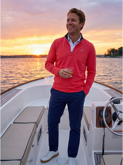 Montauk Quarter Zip Midweight Comfort red pullover by White Water Life on a sunset boat on Tampa Home & Garden Store