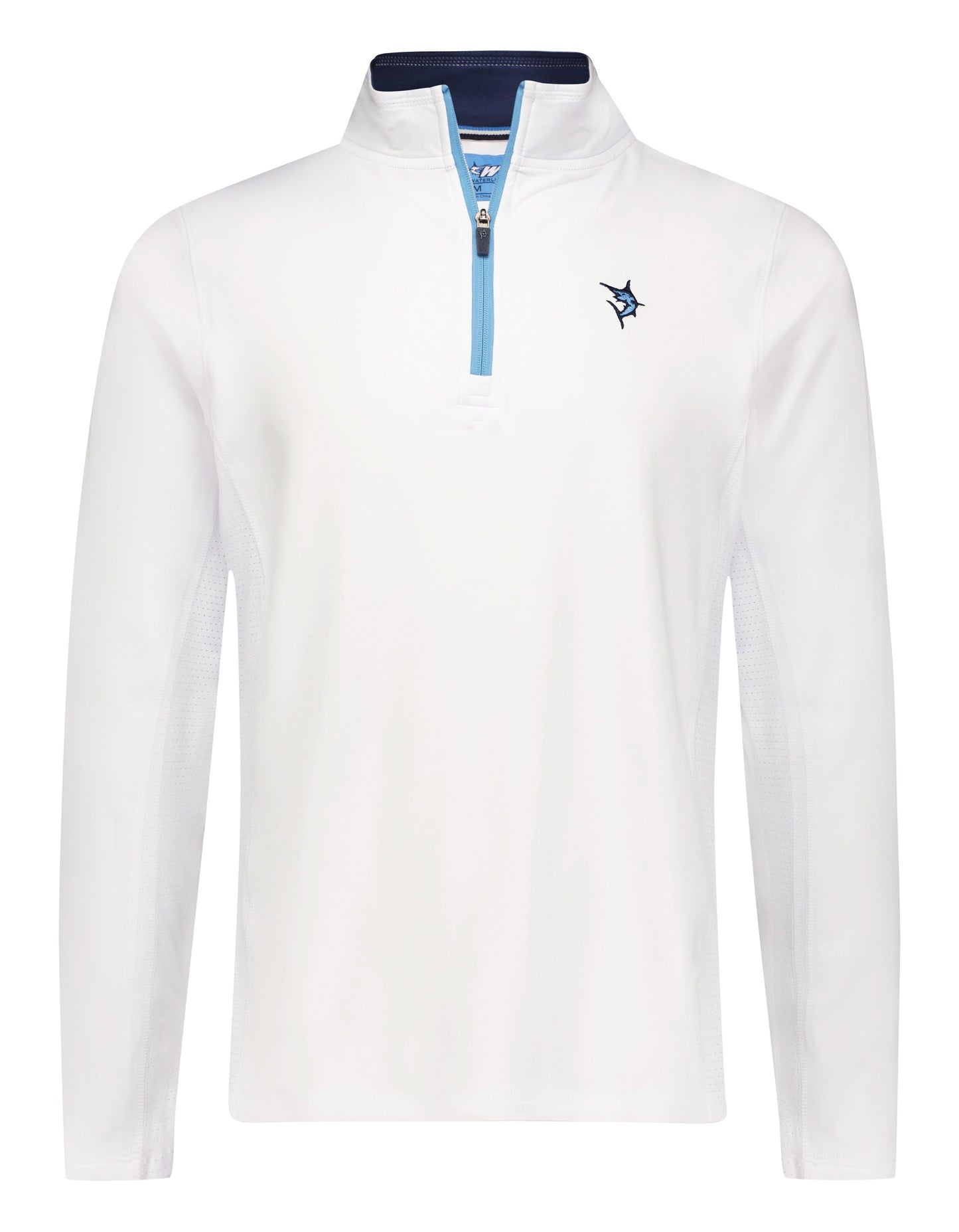 Montauk Quarter Zip Midweight Comfort White Water Life; white with blue zipper chest logo on Tampa Home & Garden Store