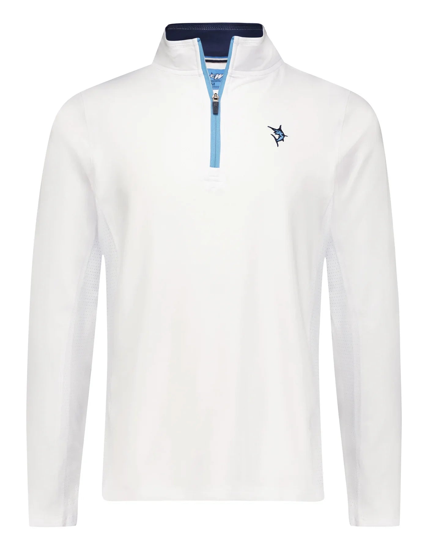 Montauk Quarter Zip Midweight Comfort by White Water Life, white with sky blue zipper on Tampa Home & Garden Store