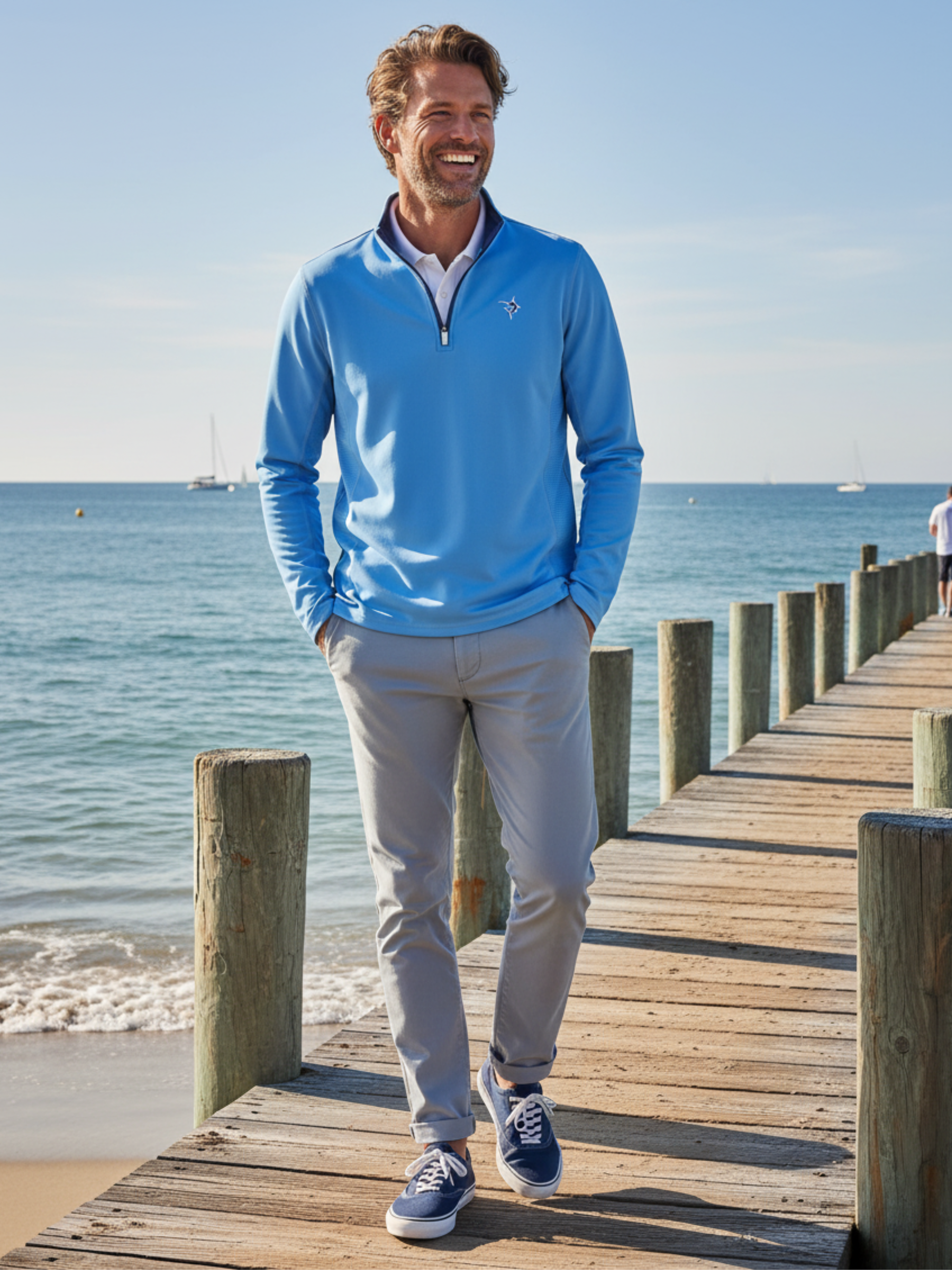 Montauk Quarter Zip Midweight Comfort blue pullover by White Water Life with chest logo on Tampa Home & Garden Store
