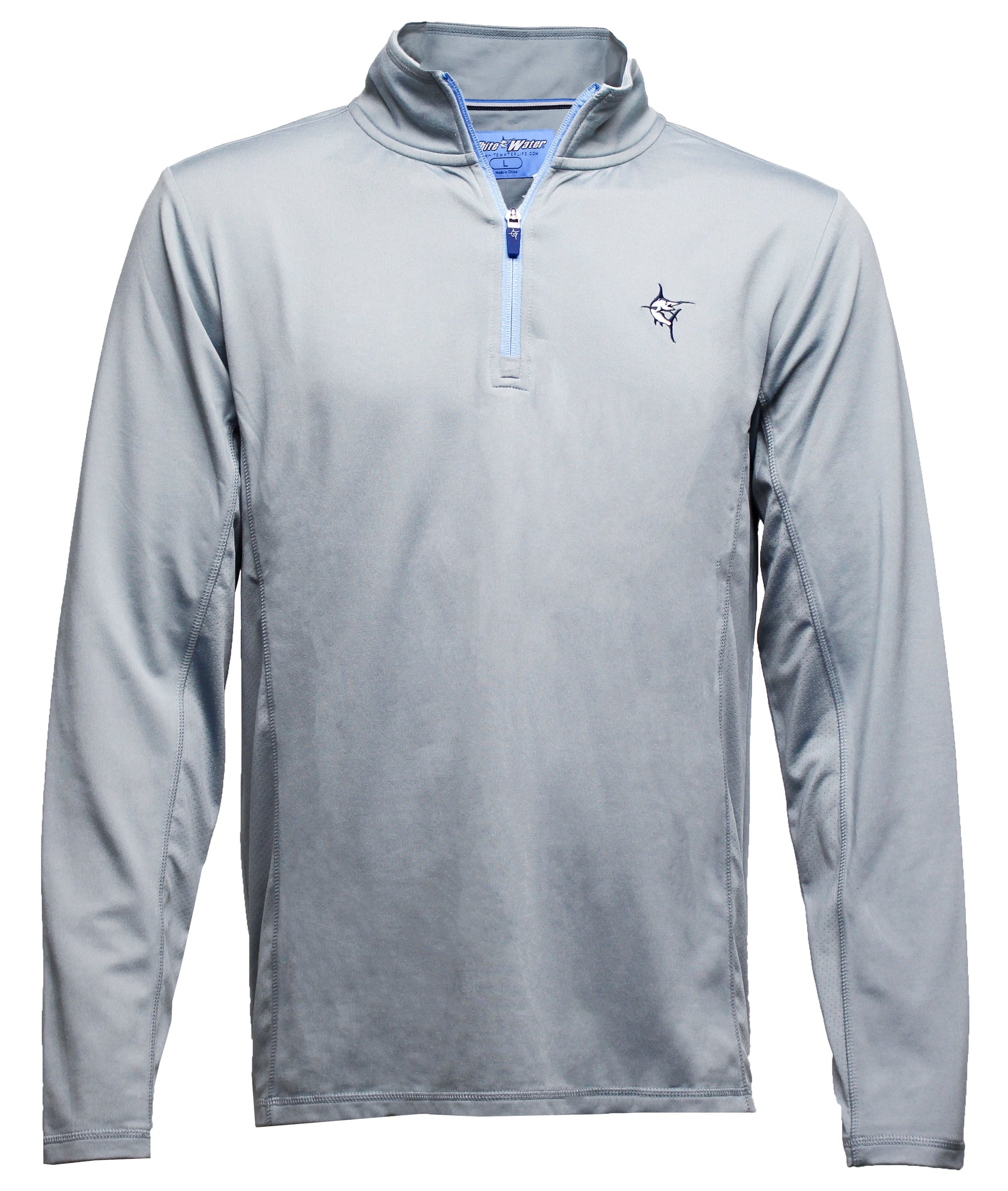 Montauk Quarter Zip by White Water Life, light gray pullover with blue zipper on Tampa Home & Garden Store