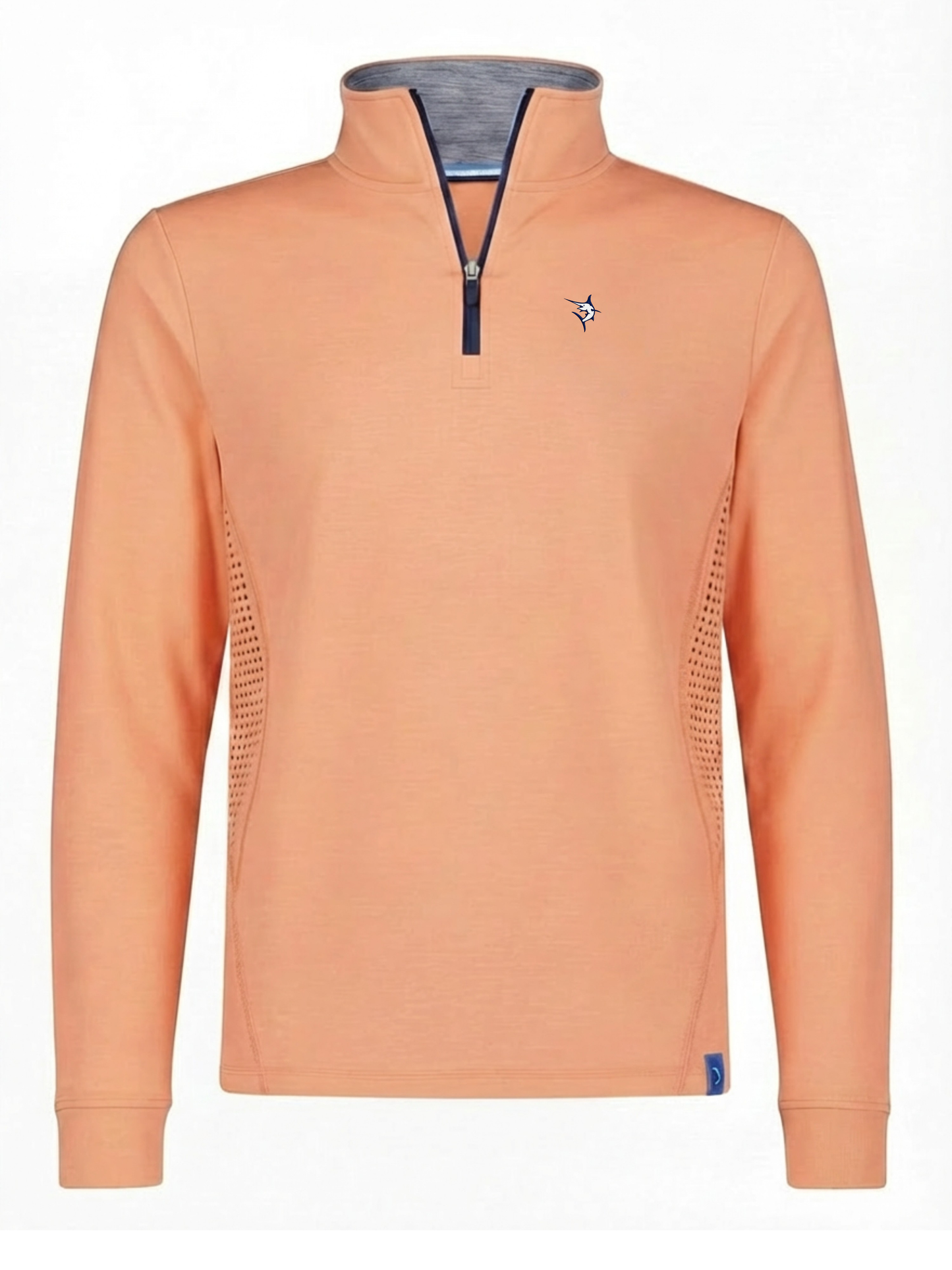 Monterey Performance Quarter Zip long sleeve peach top with navy zip and White Water Life logo on Tampa Home & Garden Store
