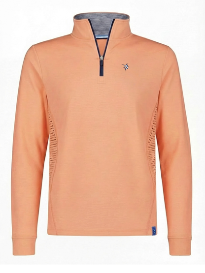 Monterey Performance Quarter Zip long sleeve peach top with navy zip and White Water Life logo on Tampa Home & Garden Store