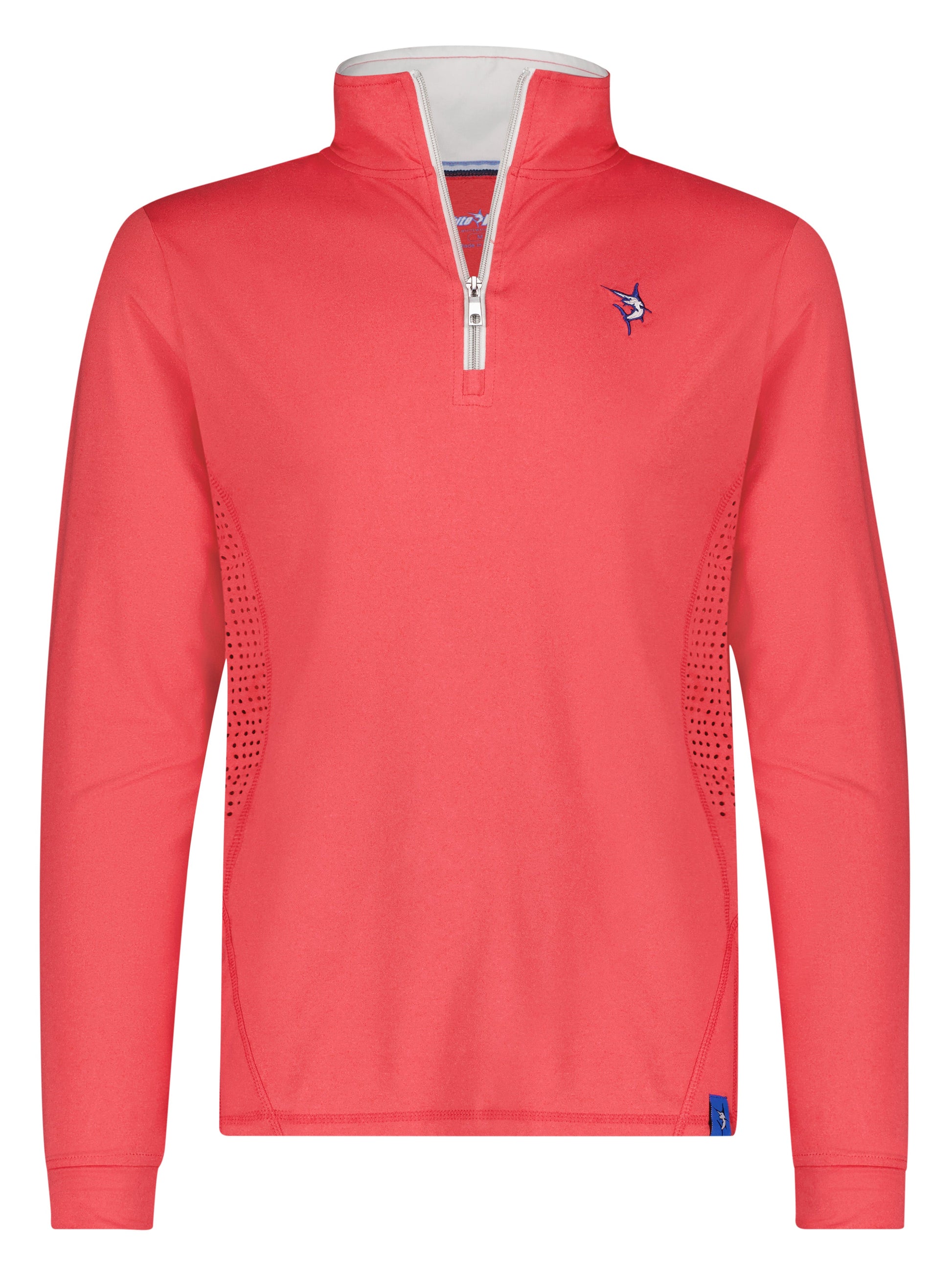 Monterey Performance Quarter Zip coral long sleeve top with white zipper and blue marlin logo on Tampa Home & Garden Store