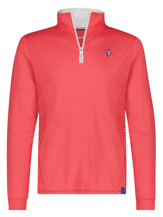 Monterey Performance Quarter Zip coral long sleeve top with white zipper and blue marlin logo on Tampa Home & Garden Store