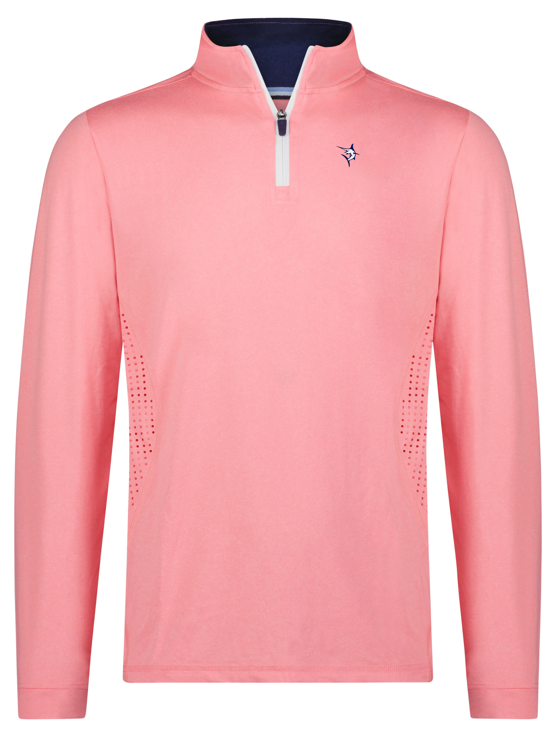 Monterey Performance Quarter Zip pink top with white zipper and navy collar by White Water Life on Tampa Home & Garden Store