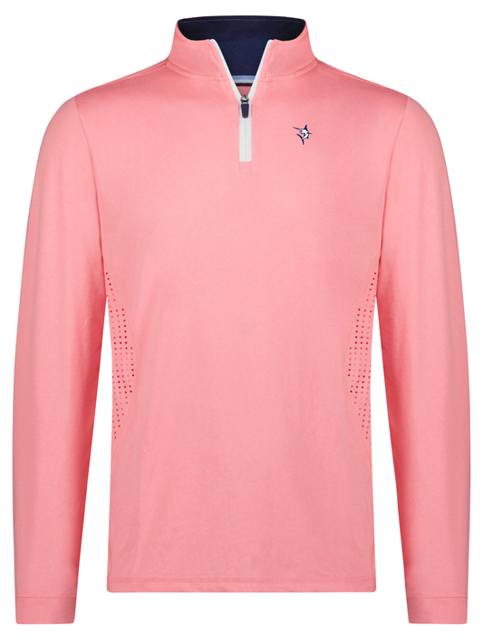 Monterey Performance Quarter Zip pink top with white zipper and navy collar by White Water Life on Tampa Home & Garden Store