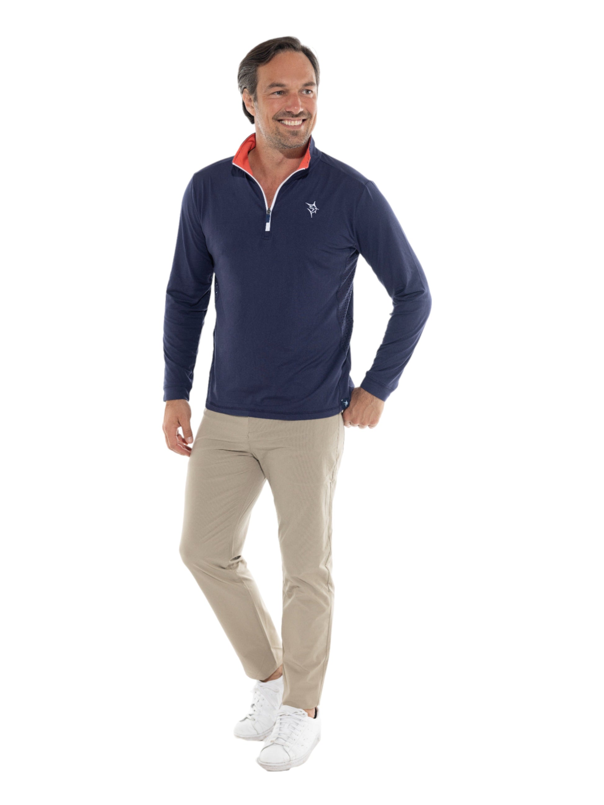 Monterey Performance Quarter Zip long sleeve top navy with coral collar and White Water Life logo on Tampa Home & Garden Store