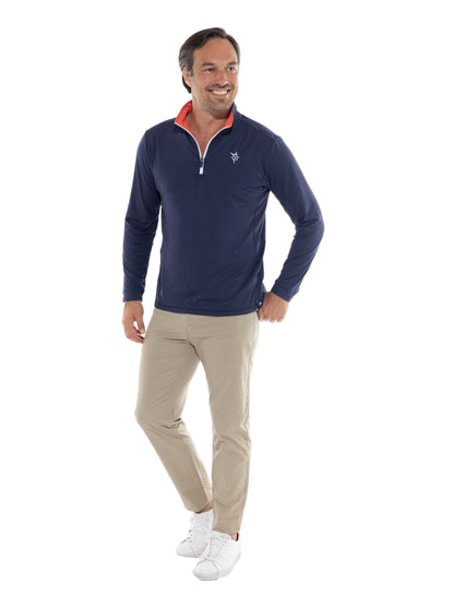 Monterey Performance Quarter Zip long sleeve top navy with coral collar and White Water Life logo on Tampa Home & Garden Store