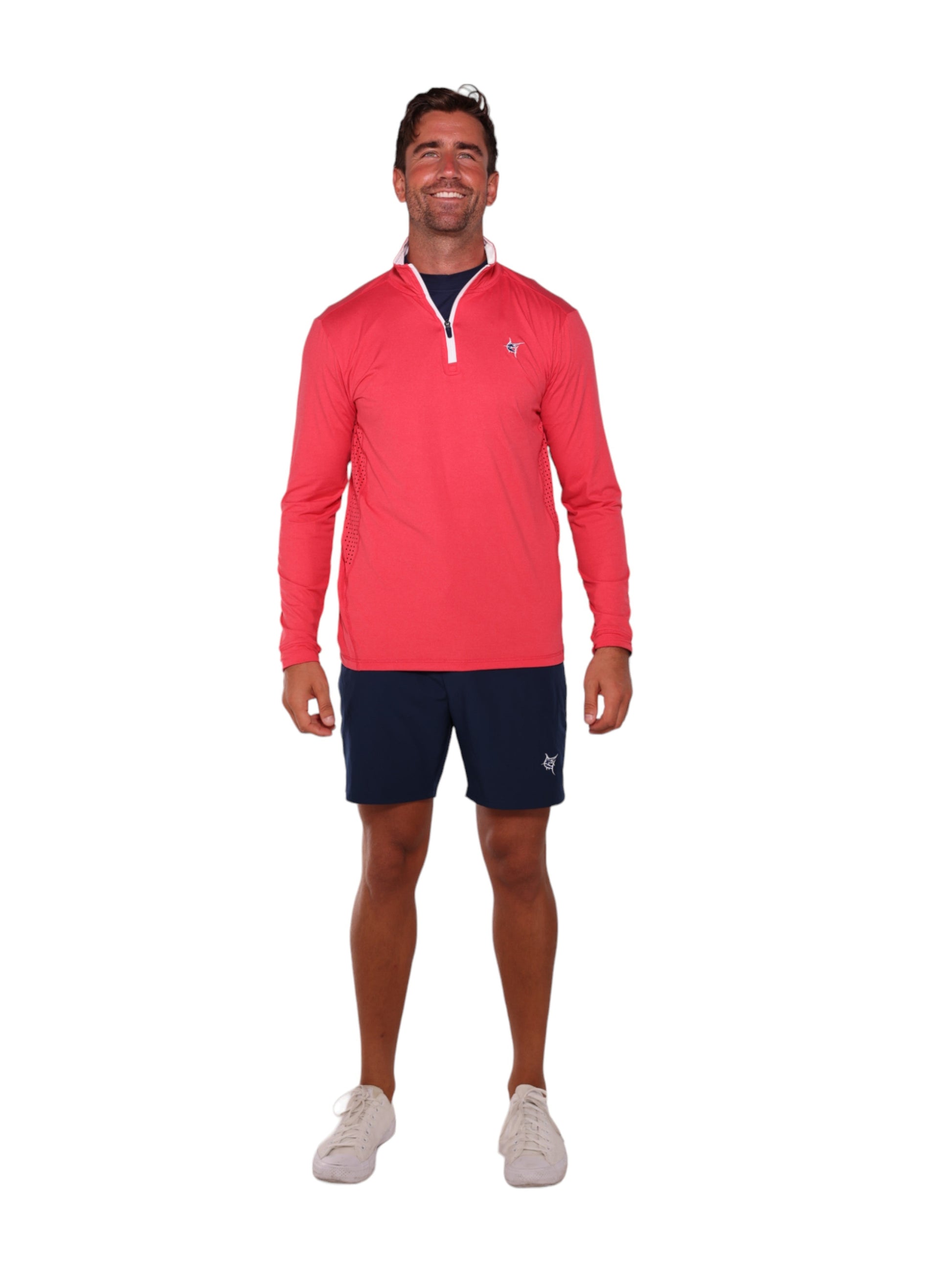 Monterey Performance Quarter Zip long sleeve coral top with white zip and White Water Life logo on Tampa Home & Garden Store