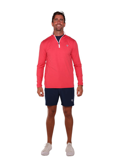 Monterey Performance Quarter Zip long sleeve coral top with white zip and White Water Life logo on Tampa Home & Garden Store