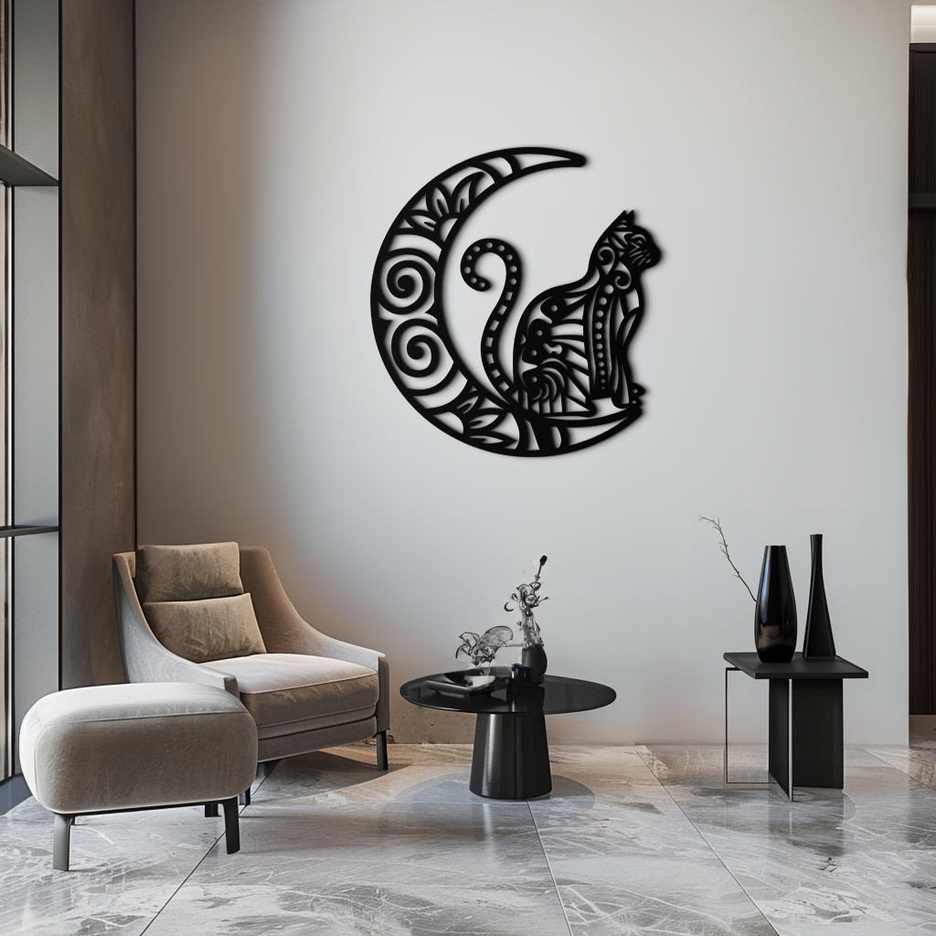 Moon & Cat Metal Wall Art – Mystical Feline Decor - KAF266 - Tampa Home & Garden Store