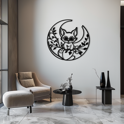Moon Cat Silhouette Metal Wall Art – Black Steel Whimsical Pet Lover Decor- KAF492 - Tampa Home & Garden Store