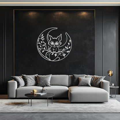 Moon Cat Silhouette Metal Wall Art – Black Steel Whimsical Pet Lover Decor- KAF492 - Tampa Home & Garden Store