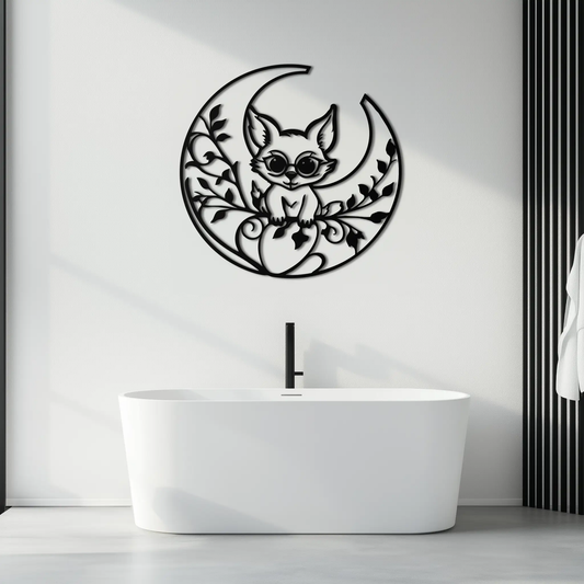 Moon Cat silhouette metal wall art in black steel with circular moon motif by Enova Art on Tampa Home & Garden Store