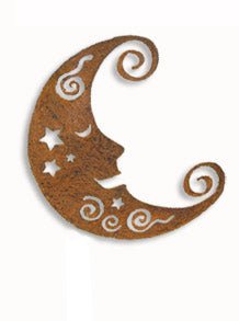 Metal Moon wall art in rust finish with white swirls and stars by Rustica Ornamentals on Tampa Home & Garden Store