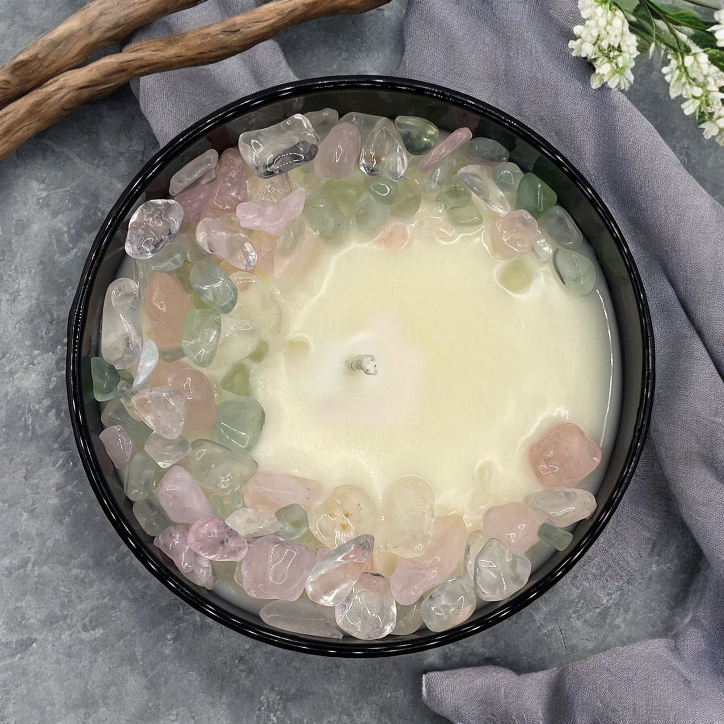 Moonlight Garden Crystal Candle with Green Fluorite, Rose, and Crystal Quartz | Coconut-Soy Wax Candle, 9oz - Tampa Home & Garden Store