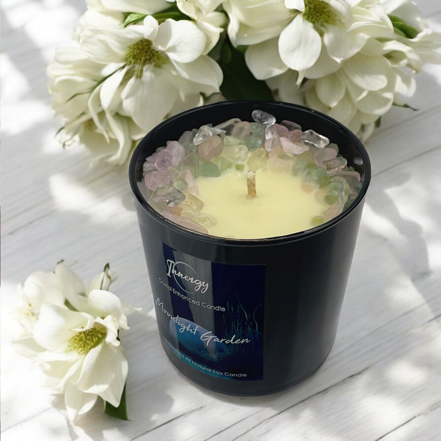 Moonlight Garden Crystal Candle with Green Fluorite, Rose, and Crystal Quartz | Coconut-Soy Wax Candle, 9oz - Tampa Home & Garden Store